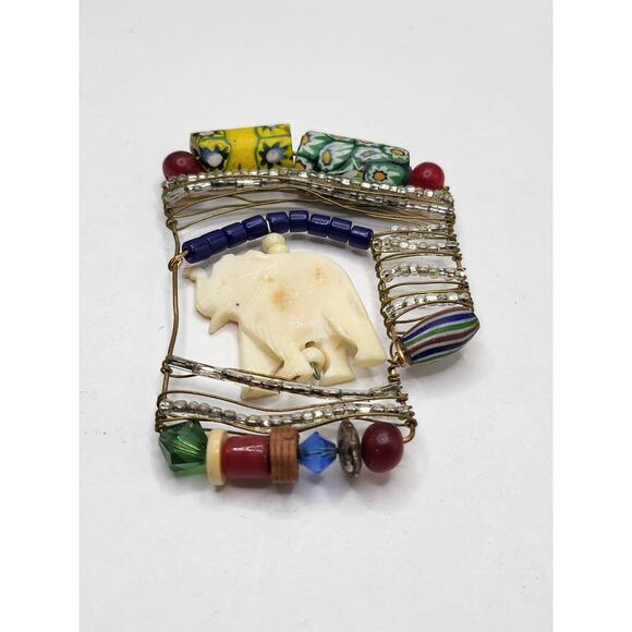 Boho Folk Art Elephant Pendant Mixed Media Beaded Wire Vintage Jewelry Piece - Picture 2 of 11